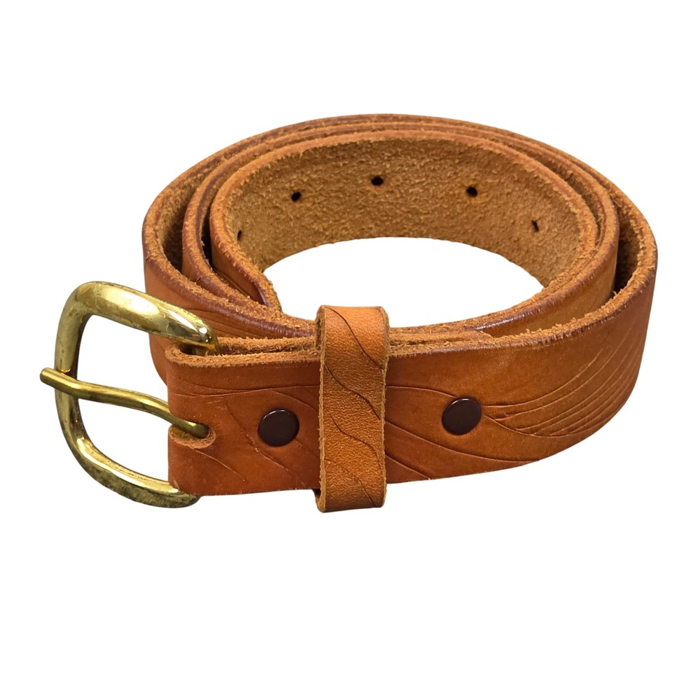 Vintage Leather Belt Mens 34 Tan Western Wood Grain Embossed Brass Buckle 90s
